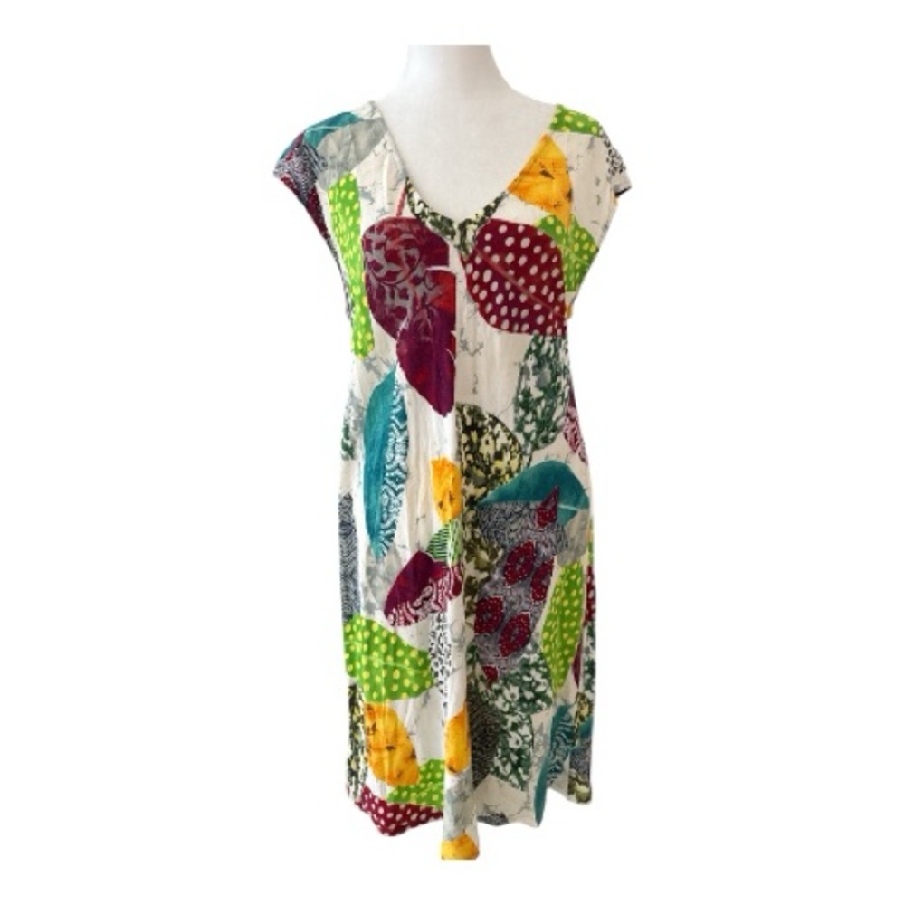 Jams World Speckle‎ Leaf Print Midi Dress Womens Medium V-Neck Made in Hawaii